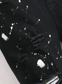 Manfinity LEGND 男士夏季休闲破洞牛仔短裤，油漆泼墨，emo 风格 - 黑色 - 查看 5