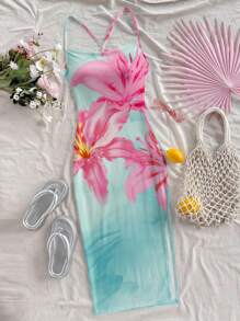 Soleia 休闲度假海滩风格绿色和粉色百合与芙蓉扎染印花图案女式长裙，适合夏季和海滩 - 彩色 - 查看 1