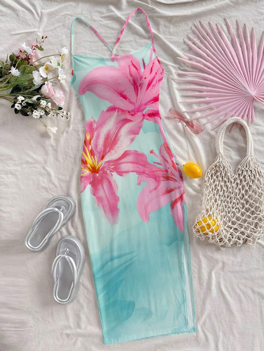 Soleia 休闲度假海滩风格绿色和粉色百合与芙蓉扎染印花图案女式长裙，适合夏季和海滩 - 彩色 - 查看 1