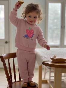 SHEIN 2-Pack Baby Girl Fashion Cute Strawberry Pattern Embroidered Long-Sleeved Top And Pants Set Suitable For Autumn And Winter Daily Wear Fall - Pink - View 4