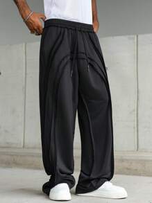 PAVTROS 男士年轻街头风格做旧开放式双层毛边拱形结构宽松阔腿运动裤，松紧腰针织运动裤带有微妙的做旧细节，休闲街头风格，适合日常休闲时尚穿着，适合作为节日礼物黑色运动裤黑色慢跑裤男士黑色裤子宽松运动裤男士黑色宽松运动裤男士阔腿裤男士宽松裤男士运动裤男士运动裤宽松运动裤男士 - 黑色 - 查看 4