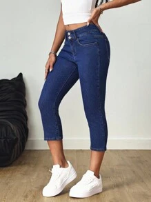 SHEIN Tall Casual Elastic Waist Cuffed Ankle Skinny Jeans, Tall Women - Dark Wash - View 3