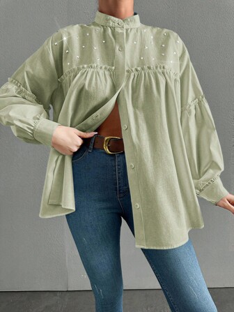 100%Cotton Women's Elegant Solid Color Stand Collar Lantern Sleeve Shirt With Ruffle Trim, Rhinestone Decoration And Pleats, Spring And Summer