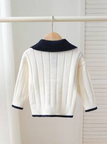 SHEIN 小男孩厚字母贴花半拉链针织毛衣，长袖，秋冬 - 白色 - 查看 2