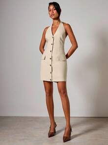 COSMINA Women's Elegant V-Neck Metal Buckle Mini Dress Beige Dress For Women Khaki Dress Neutral Dresses For Women - Khaki - View 6
