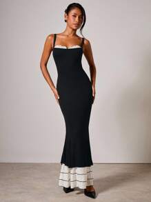 COSMINA Vestido midi elegante de mujer con bloque de color y volante en el bajo - Blanco y Negro - Ver 4
