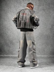 SUMWON جاكيت جينز مقصوّر بطراز فينتاج، تصميم مطبوع مهترئ لثقافة الغرانج، ملابس الشارع الحضرية بقصة مريحة، موضة كلاسيكية كاجوال للربيع والخريف، طراز رجعي