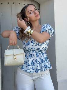 Jeta Ari 全新设计女式方领泡泡袖收腰荷叶边下摆小碎花休闲优雅衬衫 - 彩色 - 查看 4