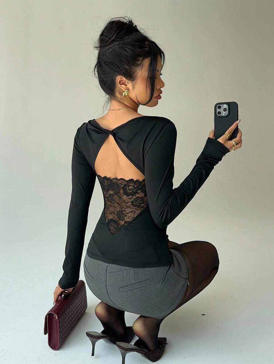 Aloruh 女式纯色后扣撞色蕾丝长袖修身时尚T恤上衣 - 黑色 - 查看 1