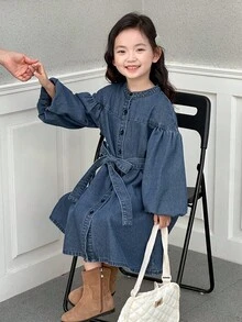 DAZY 少女休闲韩版水洗连衣裙秋冬 - 藍色 - 查看 6