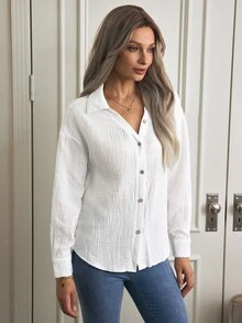 Louniche Solid Drop Shoulder Button Front Shirt,Long Sleeve Tops