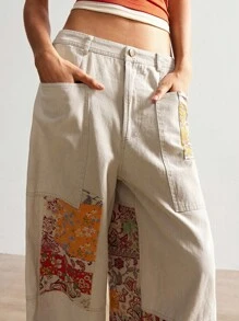 Bohemela BOHO 女式西部牛仔风格音乐节花卉休闲度假梭织拼布直筒裤阔腿裤，前扣口袋，西部复古乡村风格度假，适合夏季/秋季/冬季 - 彩色 - 查看 2