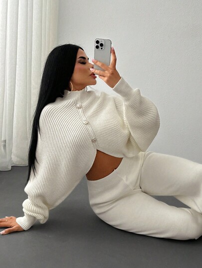 SHEIN 2 Pieces Ribbed Knit Lounge Set Plus Size Featuring Asymmetrical Sweater With Decorative Bow Accents And Matching High-Waisted Pants Halloween Puppy Keep New Fall Fashion Women Knit Two Pieces Set Cream Two Pieces Set Comfortable Two Pieces Set Elegant Two Pieces Set Two Pieces Pants Set