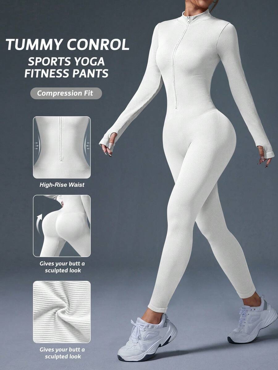 Dewbera Dewbera Women's Solid Color Stand Collar Casual Ribbed Zip-Up Long Sleeve Jumpsuit Shaping Workout Compression Women Jumpsuits Tummy Control Seamless Yoga