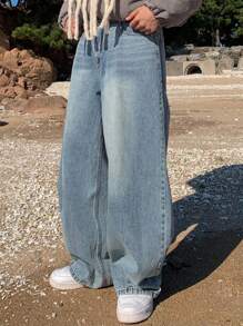 DAZY 男士纯蓝色水洗牛仔裤，秋季，Emo风格 - 藍色 - 查看 6