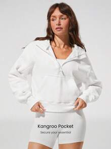 GLOWMODE Áo hoodie nửa khóa kéo cỡ lớn, giữ ấm, có túi lưới bên trong, lỗ xỏ ngón tay cái, mặc hàng ngày, thường ngày - trắng - Xem 5