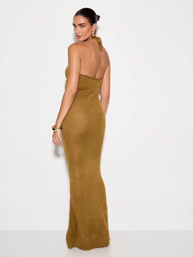 Metallic Knit Maxi Dress Halter Neck Braided Detail Evening Party Gown Floor Length Bodycon Formal Wedding Guest Fall Winter Holiday Dress