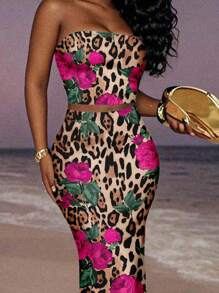 Slaydiva Sexy Leopard Print & Floral Pattern Halter Crop Top And Mermaid Skirt 2 Pieces Set, Casual & Sexy Style, Suitable For Summer Vacation - Multicolor - View 9