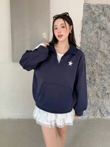 SHEIN Teen Girls American Casual Vintage Star Color Block Splicing Sports Turndown Collar Fluffy Loose Sweatshirt For Spring, Autumn And Winter,Back To School Season Fall - Royal Blue - View 4