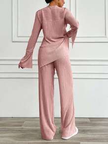 EURMUSE 2pcs Set Casual Solid Color Flare Sleeve Top And Pants - Watermelon Pink - View 2