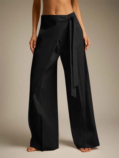 Hauture Calça feminina casual solta com nó lateral e cor sólida