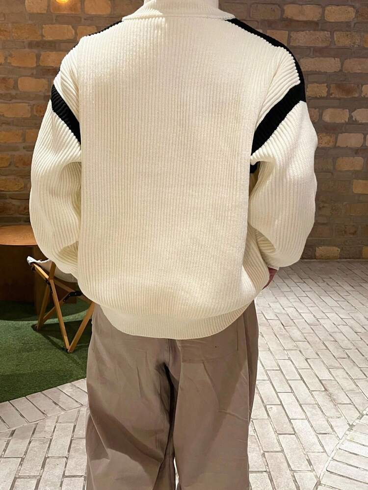 Men's Beige & Black Color Block Cardigan, Autumn Jacket