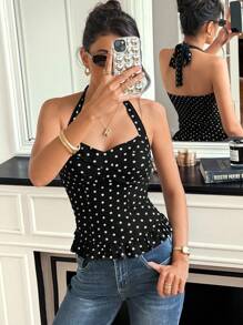 Breezaya 女士优雅时尚简约百搭修身露背荷叶边下摆波点印花吊带背心，适合夏季大学校园穿着