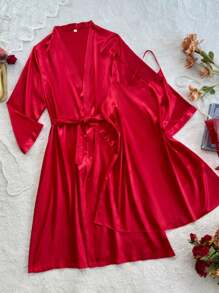 SilkySpell Luxury  Burgundy Satin Mini Pajama Set For Women With Sleeveless Dress And Kimono Sleeve Robe Red Silk Robe Set Silk Robe Set Red Silk Pajamas Red Robe Lingerie Robe Set, Fall Clothes - Burgundy - View 1