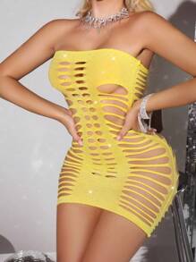 SHEIN Sheer Yellow Sleeveless Mesh Hollow Out Mini Dress Perfect For Party Nights See Through Dress Rhinestone Dress, Going Out