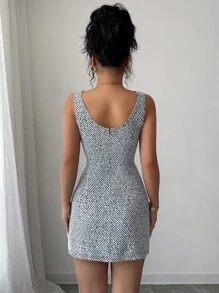 Elenzga New Autumn/Winter French Sparkly Tweed Sleeveless Round Neck Cinched Waist Elegant Dress For Women