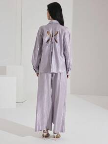 Heiryn School Shirt Women's Backless Sheer Elegant Classy Office Wear Blouse And Pants Set - Mauve Purple - View 6