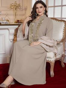 Al Najma Jubah Panjang Mewah Elegan Minimalis Berlengan Lentera Renda Kustom Ukuran Plus, Kaftan Sopan - Khaki - View 1