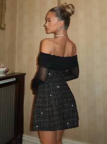 Glamine Charm Glamine Women's Elegant Black & White Tweed Contrast Lace Off Shoulder A-Line Dress, Wedding Guest Dress, Classy Outfits, School Ready, Halloween, Y2K, Vintage, Streetwear, SequinDress, Retro Chic, Patchwork Skirt, PartyMustHave, Minimalist Style, Island Style, Girly AU, Elevated Elegance, Elegant Winter, Cool Wear Collection, Best Seller, Chic Autumn, Chequered, Autumn Dress, #Affordablefashion Sparkly Tweed Mini Dress Black Tweed Dress Black Off The Shoulder Dress Rhinestone Tweed Dress, Christmas - Black - View 2