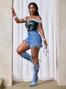 Slaydiva Shorts Denim Femininos Casuais e Versáteis com Barra Desfiada - Lavagem escura - Visão 6