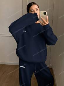 DAZY 2件套女士宽松休闲服，秋季新品，返校季运动套装，女士家居服套装 - 藏蓝色 - 查看 4