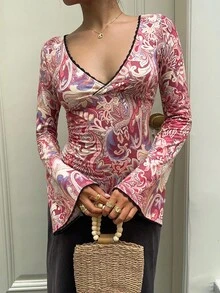 Sunnyshic Women's Paisley Print V-Neck Long Sleeve Top Fall Cloth For Women