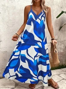 Linhara Plus Size Women's Floral Print A-Line Loose Fit Casual Maxi Dress, Suitable For Vacation And Daily Wear