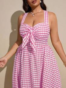 Viva Relle Große Größen Karo Herzausschnitt Krawatte Rüschen Saum Ärmellos Lässig Kleid für Damen, Sommer