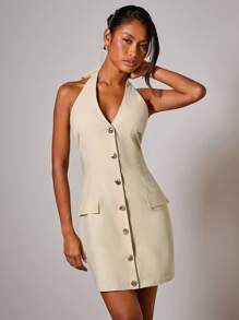 COSMINA Women's Elegant V-Neck Metal Buckle Mini Dress Beige Dress For Women Khaki Dress Neutral Dresses For Women - Khaki - View 3