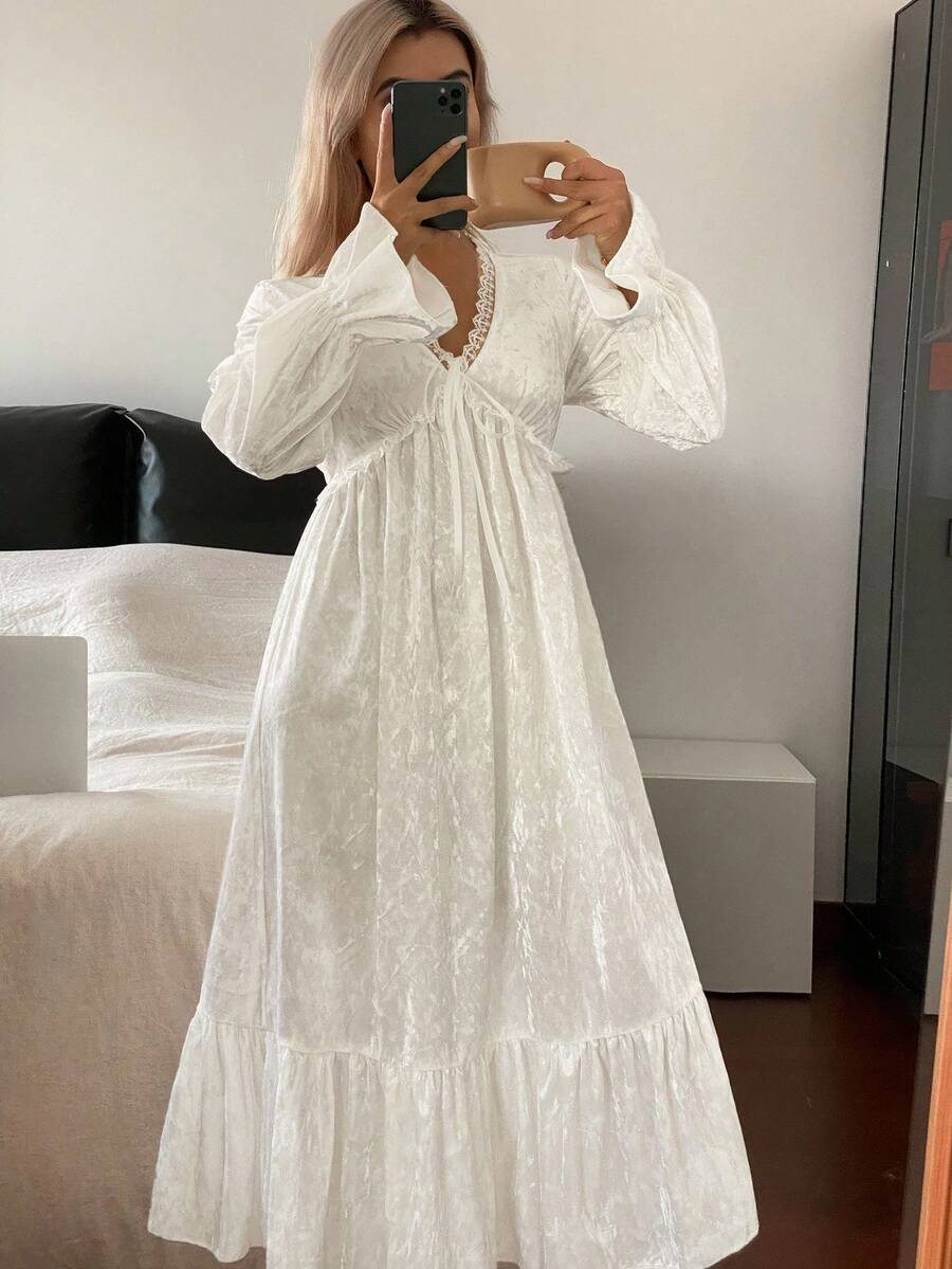 DAZY Velvet Lace Patchwork Waist Nightgown For Women, Fall Pajama - White - View 1