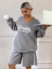 DAZY 2 pièces Ensemble de pyjama femme avec haut à manches longues imprimé anglais et short ample avec bordure contrastée, vêtements d'automne - Gris - Voir 4