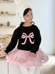 SHEIN Young Girl Casual Pink Bow Decor Pullover Sweater School Top Autumn And Winter Fall - Multicolor - View 5