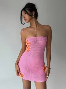 Aloruh Women's Contrast Color 3D Floral Halter Knit Dress, Suitable For Spring/Summer Vacation - Pink - View 8