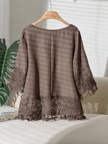 CosyJoli 大码女式花卉图案领结撞色蕾丝宽松时尚衬衫