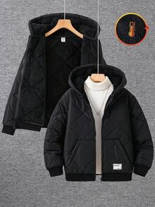 SHEIN Kids/Tween Boy Casual Black Winter Hooded Zip-Up Thick Woven Parka,Padded Coat With Patch Decor,Suitable For School,Club,Garden,Birthday,Autumn,Fall - Black - View 3