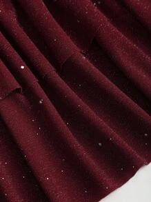 Sweetra 全新闪亮面料优雅通勤休闲蛋糕下摆露肩束腰迷你连衣裙，夏季 - 酒紅色 - 查看 5