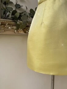 SHEIN Belle Elegant, Romantic, Cute, Sexy, Young, Yellow, Glitter Fabric, Corset Silhouette, Strapless Big Bow, Herringbone Shape, Waisted And Small A-Line, Suitable For Birthday Parties, Graduation Ceremonies, Opening Ceremonies, Music Festivals, Wedding Guests, Ball Gowns, Cocktail Dresses, Party Dress - Yellow - View 7