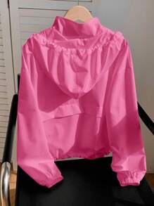 Comfortcana Women's Solid Color Long Sleeve Zipper Collar Drawstring Hooded Sun Protection Jacket In Fall/Winter - Hot Pink - View 5