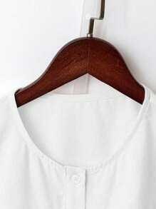 SHEIN Clasi Women's Solid Color Round Neck Ruffle Cap Sleeve Pleated Single-Breasted Elegant Blouse - White - View 3