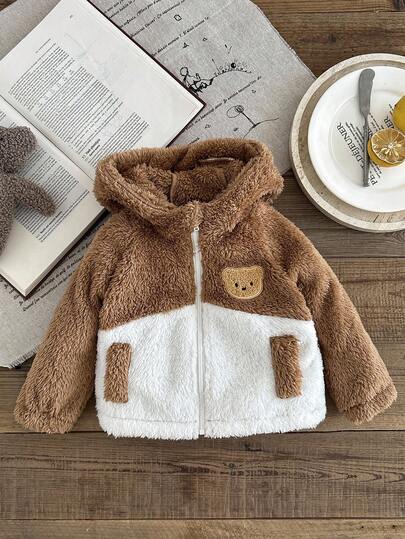 SHEIN Baby Boy Infant Toddler 0-3 Years Old Warm Fleece Flannel Khaki Beige Long Sleeve Hooded Jacket, Suitable For Outdoor Wear, Autumn/Winter Fall